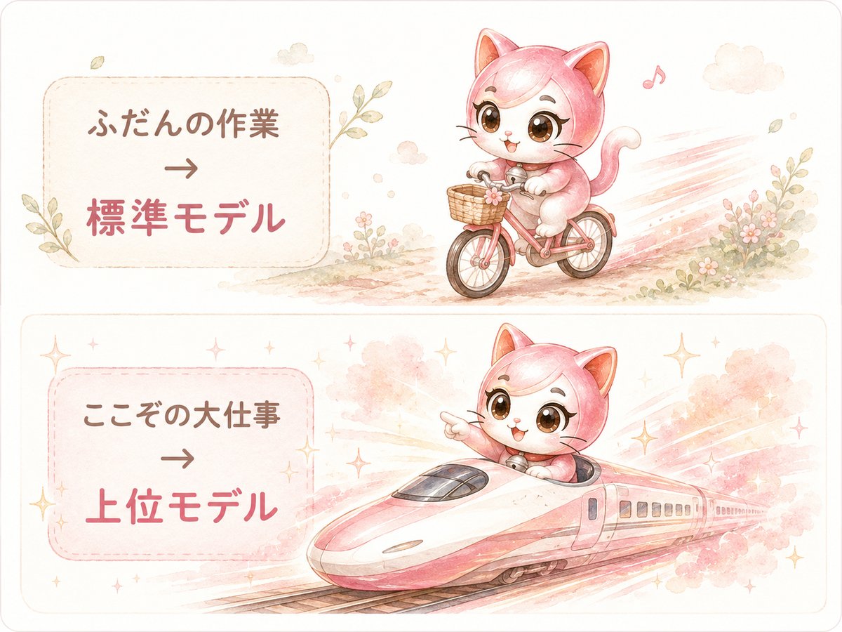 ふだんの作業は標準モデル（自転車のすずちゃん）、ここぞの大仕事は上位モデル（新幹線のすずちゃん）という使い分けを表した水彩イラスト
