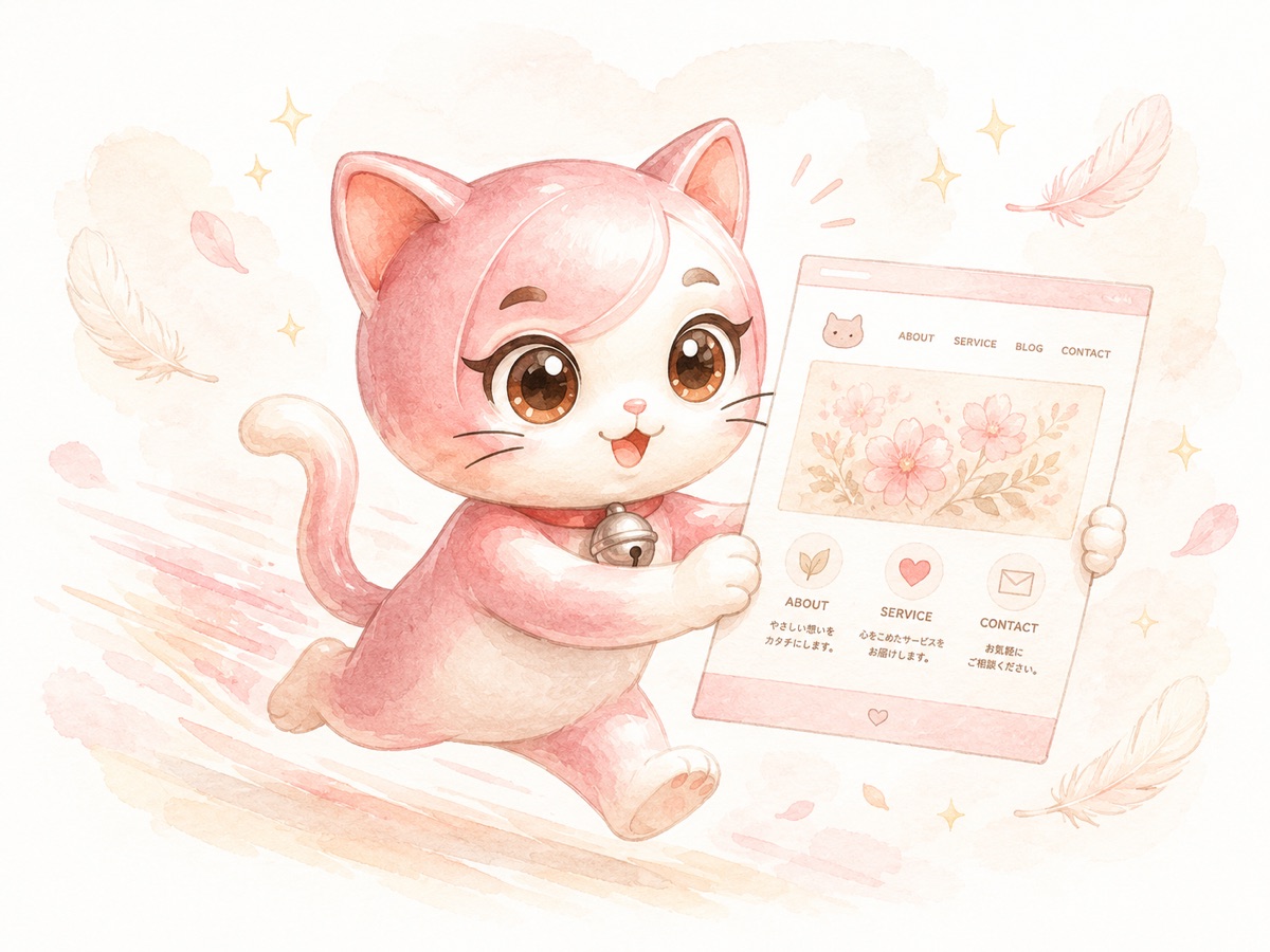 すずちゃんが、完成した一枚のホームページを軽々と持って走っている水彩イラスト。羽根とスピード線で軽くて速いことを表現